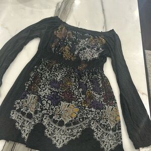 Beautiful Babydoll Charcoal Print Knit Long Sleeve Top-sz One Size Fits Most